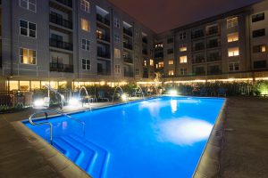 Swimming pool at Harlan Flats apartments