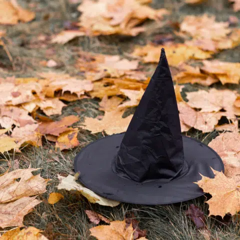 Halloween witch hat on ground surrounded by leaves, for Halloween events in Wilmington Delaware